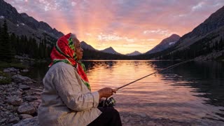 A serene mountain lake at sunset with gentle ripples, en una orilla una sandia sentada pescando