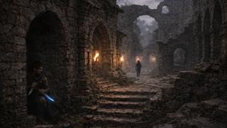 The small figure in the centre moves towards the camera. The rogue in the shadows on the left waits patiently for his prey.