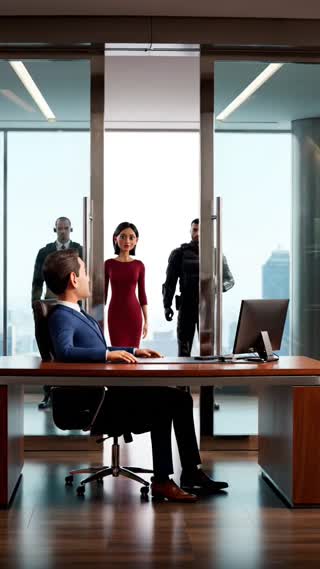 An anthropomorphic male tomato with realistic human eyes and human ears sits calmly at a modern executive office desk. He is wearing a sharp, tailored business suit and polished leather shoes. He waits patiently, composed and confident. The office doors open. An anthropomorphic female tomato enters, also with realistic human eyes and human ears, matching the male tomato’s features. She wears a beautiful, elegant dress and walks gracefully. Two professional bodyguards walk slightly behind her. The male tomato looks up, stands slightly, smiles warmly, and clearly says, “Welcome.” The female tomato smiles back with confidence and warmth. Soft dynamic lighting, luxury office atmosphere, emotional but powerful tone, smooth natural motion, depth of field, high-quality animation