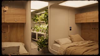 Live-action photorealistic wide interior shot of a fully furnished Mars habitat living space, completely enclosed with no windows or openings of any kind, all walls solid smooth modern paneling, comfortable sleeping quarters with soft neutral-toned bedding and built-in storage, an adjacent area with lush green potted and hydroponic plants adding life and color to the room, all illumination coming entirely from warm engineered ceiling light panels simulating natural daylight, no natural light source anywhere in the space, cozy textiles like woven blankets and cushions softening the otherwise clean architecture, a small seating or communal area with simple modern furniture, personal touches like books, photographs, or small decor items suggesting a lived-in home rather than a sterile facility, camera slowly panning across the space revealing the layout, shot on real film camera aesthetic with natural lens characteristics and subtle grain, warm and welcoming color grade, documentary-style realism, no CGI or animated look, quiet homey atmosphere emphasizing comfort and normalcy of daily life
