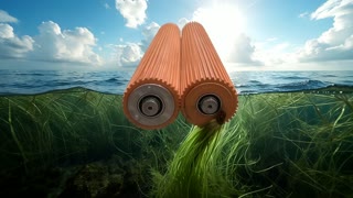 Los dos engranajes identicos en caractisticas y diseño, giran al mismo sentdio que el video de referencia  y estan flotando en la superficie del agua de la imagen de referencia atrapando las puntas de la chara vulgaris que se ven en esta imagen  y las tiran hacia arriba. La planta en el principio se estira y despues pasa por medio de ambos engranajes hacia arriba. Primero pasa su punta por los rodillos y al final su larga raiz 