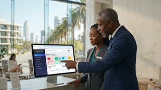 The Black male hotel manager and Black female receptionist maintain their exact side-by-side standing positions at the reception desk behind the screen, as seen in the image. The manager speaks directly to the receptionist while pointing his finger toward the computer screen displaying the Spark Hotel PMS dashboard. The receptionist stays in her position, listening attentively and nodding smoothly. The manager speaks aloud in French: "Avec Spark Hotel, nous gagnons un temps précieux sur tous nos check-ins et check-outs. Nous pilotons l'ensemble de l'hôtel en quelques clics, tout simplement !". Realistic lip-sync for the manager, natural lighting, high quality, professional hotel environment.

Script Voix-Off / Dialogue (8 secondes)
[00:00 - 00:04] « Avec Spark Hotel, nous gagnons un temps précieux sur tous nos check-ins et check-outs. »

[00:04 - 00:08] « Nous pilotons l'ensemble de l'hôtel en quelques clics, tout simplement !