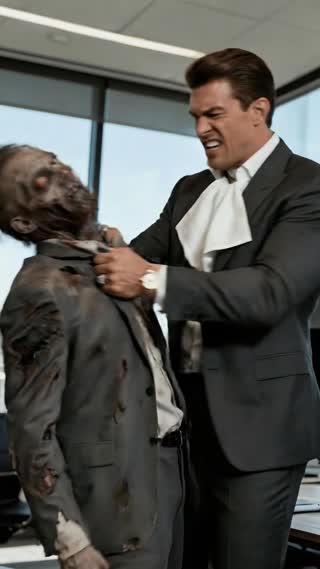 西装男揪着丧尸的衣领在使劲摇晃，表情愤怒 cut to被摇晃的人说道: "Sorry，low bandwidth. Circle back later”