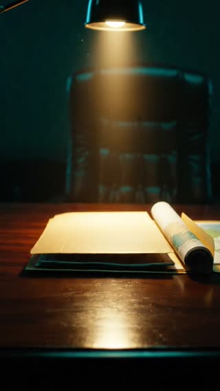 Create an unforgettable cinematic investigative documentary ending. A dark desk illuminated by a single dramatic overhead spotlight. A confidential-looking investigation folder containing a conceptual nuclear energy blueprint and a map of Thailand slowly closes. The camera performs a dramatic close-up as the light fades, leaving the folder under a narrow golden beam of light. Deep teal shadows, warm amber highlights, subtle film grain, sophisticated thriller atmosphere. End with a clean dark frame for a final title overlay. Vertical 9:16, 3 seconds. No generated text, narration, logos, or watermarks.