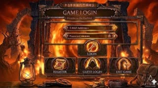 Cinematic animation of a dark fantasy game login screen. The swirling fiery portal in the center pulses with intense heat and glowing embers. Jagged orange lightning strikes flicker across the dark stone ruins in the background. The lantern in the bottom left corner sways gently, casting a flickering warm glow. Subtle atmospheric smoke and dust particles drift across the screen. The UI elements remain static while the hellish landscape behind them is alive with movement.