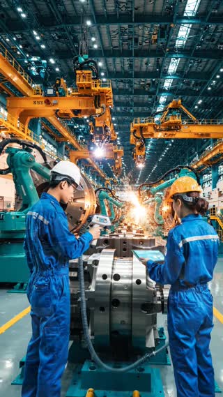 Create a photorealistic cinematic documentary video of South Korea's advanced nuclear power industry.

Show a large high-tech engineering factory manufacturing massive precision power plant components. The camera moves smoothly through the facility, revealing robotic machinery, industrial equipment, and engineers performing quality inspections.

Use dramatic teal-and-orange color grading, realistic lighting, soft bloom, subtle film grain, and dynamic cinematic camera movements.

Style: Premium industrial documentary, realistic and professional.

Vertical 9:16, 5 seconds. No narration, text, logos, or watermarks.