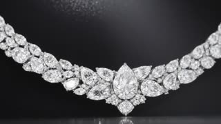 luxury diamond necklace on deep black background, cinematic slow motion, gentle rotation (15-25 degrees), macro shot, ultra realistic, high contrast lighting, soft spotlight from top and subtle rim light, diamonds sparkling with micro light reflections across all crystals, elegant shimmer effect moving smoothly across the surface, shallow depth of field, glossy reflections on black surface, slow camera push-in, premium jewelry commercial style, 4K, ultra detailed, no distortion, no blur on main subject 
subtle light sweep passing across the necklace, star-like sparkle flashes on each diamond, controlled highlights, no overexposed areas, clean luxury aesthetic, minimal motion, smooth and calm pacing