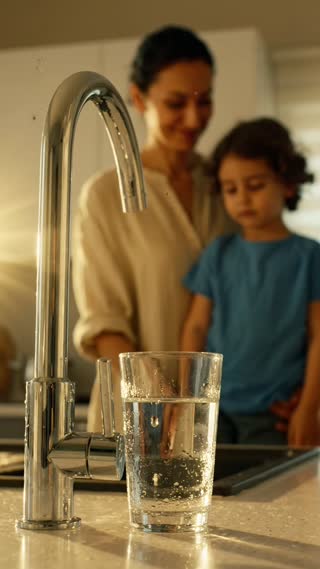 A clean close-up of a closed tap and a full glass of water on the kitchen counter, sunlight reflecting gently on the glass. The child and adult are softly blurred in the background, standing together calmly. Peaceful hopeful ending, realistic cinematic public service announcement style, clean composition, leave empty space at the top for final text and logo, vertical 9:16, no text, no logo, no watermark.

Realistic cinematic public service announcement short film about saving water at home, a warm Turkish family home, kitchen or bathroom sink, an adult accidentally leaves the tap running while distracted, a child notices the running water and quietly turns off the tap, the adult sees this and realizes the importance of saving water, calm emotional storytelling, natural acting, warm daylight, documentary realism, shallow depth of field, soft film grain, vertical 9:16, no text, no logo, no watermark, no cartoon, no animation.

Genel Negatif Prompt: cartoon, animation, 3D, fantasy, disaster, drought disaster, crying child, extreme poverty, dirty water, war, violence, blood, scary atmosphere, exaggerated acting, text, logo, watermark, distorted hands, extra fingers, deformed faces, unrealistic water movement, messy dirty house.