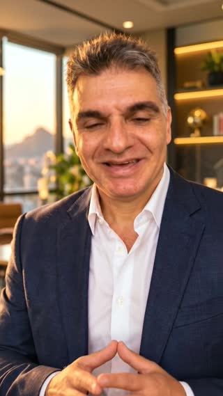 Este é o terceiro trecho de uma sequência contínua.

Use a imagem fornecida como referência visual principal. Mantenha a mesma pessoa, o mesmo terno azul-marinho, a mesma camisa branca, o mesmo penteado, o mesmo ambiente executivo, a mesma iluminação e o mesmo estilo visual dos vídeos anteriores.

O resultado deve parecer uma continuação direta da mesma gravação, realizada no mesmo local e no mesmo momento.

Vídeo vertical 9:16, duração de 8 segundos, fotorrealista e cinematográfico.

O personagem permanece olhando diretamente para a câmera, com expressão serena, segura e acolhedora. Faça apenas uma aproximação de câmera muito suave. Ele utiliza movimentos discretos e naturais das mãos enquanto conversa.

Ele fala em português brasileiro:

“Por isso, antes de oferecer qualquer produto, nós queremos entender você e os seus objetivos.”

Mantenha a voz consistente com os vídeos anteriores, com tom maduro, natural e profissional. Movimentos suaves e sincronização natural da fala.

Não adicionar outras pessoas, objetos, textos ou elementos novos à cena. Manter continuidade visual com os vídeos 1 e 2.