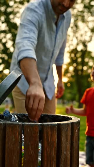 Close-up of the adult throwing the plastic bottle and wrapper into a public trash bin in the park. Then the camera slowly pulls back to show the clean green picnic area, the child and adult walking away calmly, trees and warm golden sunlight in the background. Peaceful hopeful ending, realistic cinematic documentary style, leave empty space at the top for logo and final text, vertical 9:16, no text, no logo, no watermark.

Realistic cinematic public service announcement short film, summer day in a Turkish public park and picnic area, a small family or two adults with a child packing up after a picnic, they accidentally leave a plastic bottle and snack wrapper on the grass, the child notices the trash and silently stops, the adult realizes the mistake, goes back, picks up the trash and throws it into a bin, clean park remains behind, natural acting, emotional but subtle, documentary realism, warm natural sunlight, shallow depth of field, soft film grain, vertical 9:16, no text, no logo, no watermark, no cartoon, no animation.

Genel Negatif Prompt: cartoon, animation, 3D, fantasy, exaggerated acting, overdramatic crying, dirty landfill, disgusting trash, war, disaster, violence, blood, injured animals, dead animals, scary atmosphere, text, logo, watermark, distorted hands, extra fingers, unrealistic movement, deformed faces, too many people, chaotic crowd.