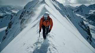 A lone mountaineer strides along a razor-thin snowy ridgeline under a pale winter sky. The video opens with an immediate wide aerial sense of scale, then naturally shifts to a tight medium view as wind whips snow off the ridge. His boots bite firmly into the ice, movements fast and controlled, breath visible.He continuing forward without slowing. Cinematic realism, no slow motion, fluid action, dramatic lighting. Audio: strong alpine wind, crunching snow, distant ice cracking.