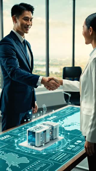 Create an inspiring cinematic ending about the future of Thailand–South Korea energy cooperation.

Begin with a close-up of two engineers from Thailand and South Korea shaking hands over a digital energy planning table.

The camera pulls back to reveal a conceptual future Thai industrial landscape with clean energy infrastructure and a subtle small modular reactor architectural model displayed as part of a feasibility study.

Warm golden sunlight rises over the scene, symbolizing shared knowledge, technology development, and future possibilities.

Elegant teal-and-orange cinematic color grading, realistic lighting, smooth dramatic camera movement, subtle film grain, premium documentary quality.

End with a clean dark background for the final title.

Vertical 9:16, 3 seconds. No narration, text, logos, or watermarks.