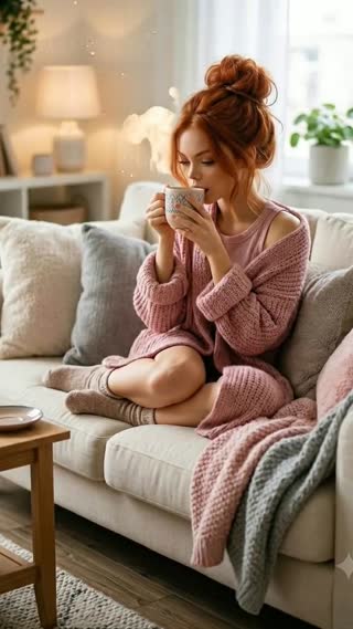 Transform this still image into an 8-second cinematic animation. The girl gently blinks and breathes naturally while slowly sipping from the mug. Soft steam rises continuously from the hot drink. A few loose strands of her red hair sway gently with a light breeze coming through the window. The curtains and houseplants move subtly. Warm golden afternoon sunlight flickers softly across the room, creating cozy volumetric lighting. Small floating dust particles catch the light. Add a slow cinematic camera push-in with subtle parallax for depth. Preserve the original composition, facial features, outfit, colors, and cozy atmosphere. Ultra-realistic, smooth motion, 4K, 24 fps in a cinematic scene with professional lighting, shallow depth of field, and movie-quality visual effects