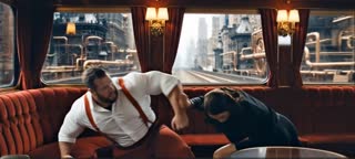 A young woman with light brown skin looking and dresses exactly as she is in the reference image has a determined expression stands in the opulent main compartment of a luxury train. The interior features deep red velvet upholstery, comfortable leather couches, and large tinted windows framing a blurred, passing VERY STEAM PUNK MANHATTAN CITYSCAPE DURING THE DAY. She faces a large, MUSCULAR, well built, imposing man SEEN IN THE REFERENCE IMAGE TO THE LEFT OF THE GIRL IN THE TRAIN COMPARTMENT in a tense confrontation. He lunges forward with a slow, telegraphed swing; she swiftly ducks under his arm. In a fluid motion, she counters with a precise, controlled strike to his shoulder, causing him to stumble backward in surprise. She follows with a swift, karate chop to his neck and he slumps onto a plush couch, incapacitated. THERE IS NO ONE ELSE IN THE COMPARTMENT EXCEPT FOR THE WOMAN AND MUSCULAR MAN. Through the windows we can see a VERY STEAM PUNK MANHATTAN DURING THE DAY passed by.  Cinematic wide shot with dramatic low-key lighting, shadows playing across the velvet, camera tracks the action smoothly. Style is a dynamic action sequence with stylized choreography, emphasizing agility and skill over impact. in a cinematic scene with professional lighting, shallow depth of field, and movie-quality visual effects.   in a cinematic scene with professional lighting, shallow depth of field, and movie-quality visual effects