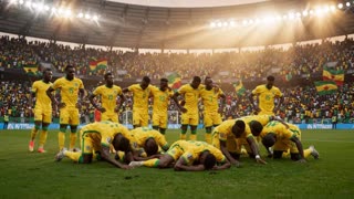 Cinematic wide shot of an African football team
in yellow and green jerseys celebrating a victory,
Black players all dark skin,
but body language cautious and relieved rather than dominant,
dramatic stadium lighting in Cameroon,
crowd in background cheering,
sense of relief rather than triumph,
slow motion documentary football style,
golden hour lighting, emotional atmosphere,
15 seconds, photorealistic 4K cinematic