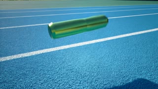 Create a realistic animation of a single baton falling onto a blue synthetic running track.

Object Details:

The baton is a smooth, metallic green aluminum cylinder.

It must stay as one object the entire time — no cloning or duplication.

Surface should reflect light naturally like metal.

Action:

The baton falls naturally under the force of gravity.

It drops straight down from a realistic height (around chest or waist level).

Once it hits the track, it may roll slightly or bounce naturally, but without exaggeration.

Environment:

The track is standard blue all-weather rubber, with realistic texture and lighting.

Lighting should be natural daylight.

Camera remains completely static, positioned at a slight angle or side view to clearly show the fall.

Physics Requirements:

Gravity must look natural and proportional.

No floating, snapping, or slow motion.

The baton should rotate slightly mid-air, depending on its fall angle.

End State:

The baton is at rest on the track after the fall.

No hands, people, or other objects are present in the scene.

The visual should focus entirely on the baton and track.