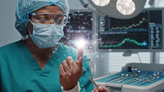 Character:
A female professional in a modern sterile room, wearing teal-green protective clothing, light blue cap, mask and glasses. Calm, empathetic eyes. A bright white magical glow appears at the tip of her index finger.

Environment:
A realistic, clean technical room with soft overhead lights, monitors and neatly arranged instruments. Subtle mystical atmosphere with gentle sparkles in the air.

Action:
She lifts her hand and releases a bright white magical light. The glow travels gracefully toward a small precision tool she holds. A tiny glowing fairy-silhouette (dragonfly-like shape) briefly appears on the metallic tip. The magic extends as a flowing line of white light, moving symbolically across the upper-body area of the person lying under a draped cloth. As the light passes, the shape subtly gains a rosier tone and a soft diamond-like shimmer, representing harmony, beauty and gentle enhancement. Her expression remains caring and compassionate.

Audio:
(Portuguese) Soft magical sparkle sounds + gentle ambient room hum. Whispered at the end: “Recuperação ultra rápida.” No music.

Camera:
Vertical close-up on her hand → tilt to the glowing tool → smooth move to the draped upper-body silhouette → soft push-in as the magical transformation occurs → ending with shimmering text “Recuperação ultra rápida”.

Technical:
Veo 3, 4K, vertical format 9:16, realistic video with mystical white light effects, natural stabilization, smooth subtle motion.

Negative prompts:
no cartoon, no 3D render, no gore, no anatomy detail, no explicit medical action, no filters, no color grading, no glitches, no exaggerated acting.
