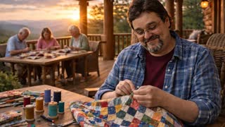 He is quilting on the porch of a cabin in the Appalachian mountains of Tennessee. He looks up at camera smiling. There is beautiful magic light. Medium shot. We very slowly pan across the frame. We don't go closer than medium shot. 