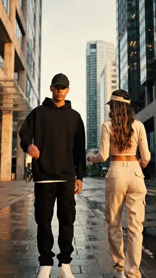Video publicitario urbano, texto a video, duración máxima 8 segundos, estilo cinematográfico realista. Escena en una calle moderna de ciudad con edificios altos, concreto y cristal, ambiente streetwear premium.

Aparecen dos modelos jóvenes caminando hacia la cámara. El hombre viste outfit negro completo, tenis blancos y gorra negra lisa de 6 paneles con visera curva. La mujer viste outfit beige tipo cargo, tenis blancos y gorra beige lisa de 6 paneles con visera curva.

Ambos modelan principalmente las gorras mientras caminan. El hombre toca suavemente la visera y la mujer acomoda su gorra y gira ligeramente el rostro para mostrarla de perfil. Incluir breves primeros planos de las gorras para resaltar forma, textura y costuras.

Importante: la gorra negra del modelo hombre debe permanecer puesta durante todo el video, en todas las escenas y todos los cambios de plano. Nunca debe desaparecer, quitarse ni cambiarse. En la última escena, el modelo hombre debe seguir usando claramente la gorra negra.

Movimientos totalmente naturales, fluidos y humanos, sin rigidez, deformaciones ni movimientos robóticos. Cámara suave tipo comercial de moda.

Texto en pantalla: “TU ESTILO. TU ACTITUD.” y al final “ENCUENTRA TU COLOR”. Ortografía extremadamente estricta: sin errores, letras deformadas ni palabras inventadas.