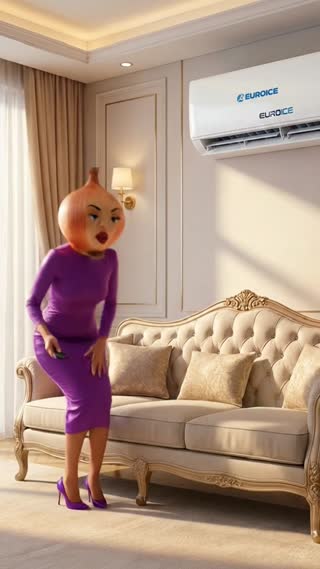 Create vertical (9:16) cinematic commercial video.
consistent anthropomorphic fruit characters:
🧅 Female Onion
IMPORTANT:
Use the uploaded reference image as the exact character reference.
Keep the same characters throughout the entire video.
Do NOT change their faces, colors, textures, clothes, or appearance.
They speak ONLY Persian with accurate Persian lip sync.
No subtitles and no text on screen.

Scene:
A hot summer day inside a modern home.
The EUROICE air conditioner is mounted on the wall but it is OFF .
The room feels hot and uncomfortable.
onion walks inside and sits down on the exactly like the picture,

onion  turn on the air conditioner with its control and it is on now and smiles and say :
🧅 Onion says in Persian:
«کافیه! قبل از اینکه همه‌مون تبدیل به آبمیوه بشیم، یوروآیس رو روشن می‌کنیم!»
🧅 Onion says in Persian:
«تا وقتی که کولر گازی یوروآیس رو داریم اجازه نمیدم آب پرتقال بشی عزیزم»
do not change the color or logo of air conditioner 
Scene 1 (0-5 seconds):

No subtitles. No captions. No text on screen.
make with the highest quality in a cinematic scene with professional lighting, shallow depth of field, and movie-quality visual effects