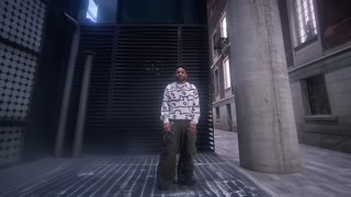 Create an 8-second vertical 9:16 live-action cinematic music-video shot. Use @ref1 as the exact artist identity and STARLIGHT visual-style reference, @ref2 as the exact Scene 21 architecture, framing, pose and composition reference, and @ref3 as the exact vocal performance and lip-sync timing reference.

Preserve the artist’s exact identity: facial structure, skin tone, hairstyle, beard, eyes, nose, lips, jawline, body proportions, sweater, cargo pants, jewelry and overall appearance. Do not beautify, redesign, age, de-age or reinterpret him. Keep natural skin texture, pores, realistic eyes and consistent facial proportions.

Recreate Scene 21 exactly: the artist stands full-body in the same narrow nighttime architectural corridor, framed by the black vent wall, concrete column, metal-grate flooring and adjacent historic building. Keep him relatively small in frame at first, matching @ref2.

Performance: use @ref3 to synchronize his lips precisely to the STARLIGHT vocal. Match each syllable, pause, breath, jaw movement and facial emphasis naturally. Keep mouth movement subtle and anatomically realistic. The artist makes one restrained hand gesture near his head, slight shoulder/body movement and a calm confident performance. Do not over-act.

Camera: one extremely smooth, stabilized slow dolly-in for the full shot, maintaining full-body framing and gradually bringing him slightly closer. No cuts, shake, sudden zoom or abrupt acceleration.

Maintain the exact STARLIGHT look from @ref1: deep black, near-black navy, charcoal, gunmetal gray, cold blue-gray shadows, restrained electric-blue accents, subtle muted violet highlights, soft silver illumination, faint haze, soft bloom and realistic reflections.

Prioritize photorealism, real human presence, real skin texture, real
