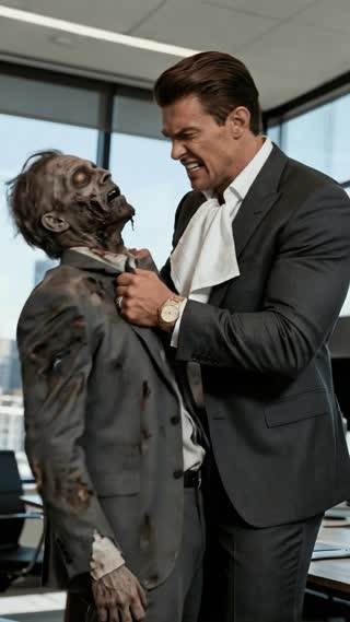 西装男揪着丧尸的衣领在使劲摇晃，表情愤怒 cut to被摇晃的人脸部特写，说道: "Sorry，low bandwidth. Circle back later”