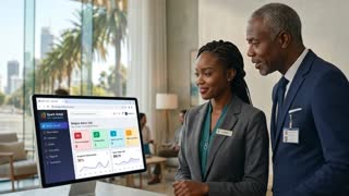 The Black male hotel manager and Black female receptionist maintain their exact side-by-side standing positions at the reception desk behind the screen, strictly as seen in the image. The manager speaks directly to the receptionist while pointing his finger toward the computer screen displaying the Spark Hotel PMS dashboard. The receptionist stays in her position, listening attentively and nodding smoothly. The manager speaks aloud with natural lip-sync in clear French: "Avec Spark Hotel, nous gagnons un temps précieux sur toutes nos arrivées et nos départs. Nous pilotons l'ensemble de l'hôtel en quelques clics, tout simplement !". Balanced, soft corporate background music mixed with subtle hotel lobby ambience. Photorealistic, natural lighting, high quality, 4k.

Script Dialogue & Timing (8 secondes)

[00:00 - 00:04]

Manager (voix) : « Avec Spark Hotel, nous gagnons un temps précieux sur toutes nos arrivées et nos départs. »

Action : Le manager pointe le screen et parle, la réceptionniste l'écoute.

[00:04 - 00:08]

Manager (voix) : « Nous pilotons l'ensemble de l'hôtel en quelques clics, tout simplement ! »

Action : Le manager conclut avec un geste naturel, la réceptionniste hoche la tête en souriant.