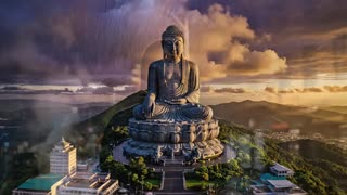 Clip de rap mélancolique, ambiance sombre et cinématographique, alternance entre scènes urbaines nocturnes et paysages spirituels, grande statue de Bouddha au sommet d’une montagne au coucher de soleil, ciel orange et violet, atmosphère calme et mystique, contraste entre tension intérieure et recherche de paix, artiste seul dans la rue sous lampadaires, pluie légère, fumée, regard intense, plans avec voitures de luxe, hôtels, néons, esthétique réaliste, caméra fluide, transitions lentes, vibe triste mais puissante, symbolisme du nirvana, lumière dramatique, style clip musical moderne