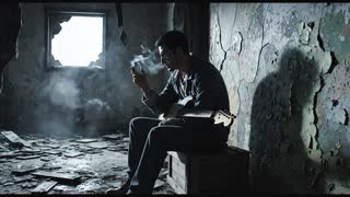 Anime style dark psychological, lone man sitting in ruined 
abandoned room, electric guitar on lap, staring at cracked wall, 
cigarette smoke curling upward, cold harsh light from single 
broken window, debris on floor, peeling paint, 
oppressive silence atmosphere, Satoshi Kon style, 
vertical 9:16, cinematic still frame --ar 9:16 --style raw --v 6