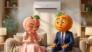 Continue the same cinematic scene with the exact same characters and environment.

🍑 Female Peach is sitting comfortably on the sofa inside the cool room. 🍊 Male Orange is sitting a little far away from her, looking surprised and waiting.

Peach slowly turns toward Orange. She has a playful evil expression: a slight angry eyebrow, a mischievous smile, and a confident look. She is not truly angry, just teasing in a funny way.

With perfect Persian lip sync, Peach says:

«نه... تو میری بیرون کنار همون پیاز بوگندو!»

She pauses for a moment, looks proudly at the EUROICE air conditioner, smiles, and says:

«کولر گازی یوروآیس فقط برای منه!»

Orange reacts with a funny shocked face, feeling rejected.

Keep the EUROICE air conditioner visible in the background, cool breeze atmosphere, cozy modern home, realistic fruit characters with expressive faces, Pixar-quality 3D animation, cinematic lighting, humorous commercial style.

Persian voices only. No subtitles. No text on screen. in a cinematic scene with professional lighting, shallow depth of field, and movie-quality visual effects