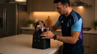 El personaje temina de guardar el mate en la matera, lo hace de forma armónica.