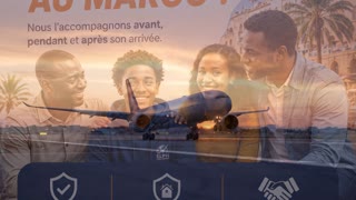 Anime cette image de façon cinématographique et réaliste. L’avion accélère sur la piste puis décolle majestueusement au coucher du soleil. La caméra suit son mouvement, puis effectue une transition fluide vers une équipe d’agents de ELPH GLOBAL SERVICES accueillant chaleureusement des voyageurs africains dans un aéroport moderne. Les agents, hommes et femmes, portent des T-shirts professionnels avec le logo officiel ELPH GLOBAL SERVICES clairement visible sur la poitrine. Ils sourient, accompagnent les voyageurs et les aident avec leurs documents de voyage. Ambiance premium, éclairage élégant, mouvements naturels, musique africaine moderne et rendu publicitaire haut de gamme. Respecte fidèlement le logo original fourni en référence : ne le modifie pas, ne le déforme pas et n’invente aucun autre logo. Format vertical 9:16.

