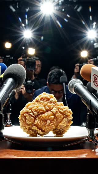 A single, golden-brown crispy fried chicken (Karaage) is sitting alone on a white plate on a press conference podium. In the foreground, numerous metallic microphones are pointed directly at the fried chicken. Camera slowly and dramatically zooms in on the fried chicken. Bright camera flashes are blinking rapidly from the dark background, illuminating the crispy texture of the chicken. A single shiny drop of oil slowly drips down the side of the fried chicken like a tear. Highly realistic textures, dramatic press conference lighting, cinematic slow-motion.

0:00 - 0:03（憧れの告白）

映像：お皿の上の唐揚げ。横には、記者会見の資料として「竜田揚げ」の写真が飾られている。

唐揚げ：「ずっと言えなかった、胸の内を明かします」

0:03 - 0:07（アイデンティティの崩壊）

映像：唐揚げのアップ。衣の粉が、ショックでパラパラと少し落ちる。

唐揚げ：「私は、唐揚げとして生まれてきましたが、本当は……白い粉をまとった『竜田揚げ』になりたかった……！」

0:07 - 0:10（オチ）

映像：記者から「味はほぼ一緒ですよね？」と冷静に突っ込まれる。

唐揚げ：「（声を大にして）醤油の下味が違うんだよ！！」