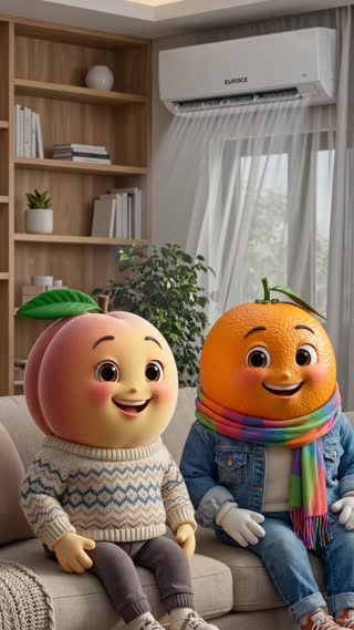 Create a 5-second vertical (9:16) cinematic animation.

Use the uploaded Peach and Orange reference images as the exact character references.
Keep both characters IDENTICAL to the reference images.
Do NOT change their faces, fruit shapes, textures, colors, clothes, proportions, or personalities.

They are NOT humans. They remain cute animated fruits with realistic fruit textures and fruit-shaped bodies.

The EUROICE air conditioner is ON, gently cooling the room.

Scene:
Inside a modern living room. Peach and Orange are sitting comfortably next to each other on the sofa, enjoying the cool air. The curtains move gently, the room looks fresh and comfortable, and both characters are smiling with relief.

🍊 Orange says in Persian:
«وای... هوا چقدر خوب شد!»

Orange then looks toward the front door and says with a smile:

«پس برم در باز کنم ، خانم پیازم بیاد داخل !»

Peach smiles and nods in agreement.

Camera:
Medium shot of Peach and Orange, then a slight pan toward the front door.

Style:
Pixar-quality 3D animation, realistic fruit textures, cinematic lighting, smooth animation, premium commercial quality, 4K.

No subtitles, no captions, no text on screen.

Avoid:
Changing the characters, human faces, human bodies, blurry image, distorted fruits, low quality, watermark. in a cinematic scene with professional lighting, shallow depth of field, and movie-quality visual effects in a cinematic scene with professional lighting, shallow depth of field, and movie-quality visual effects