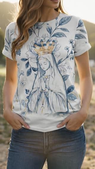 Create a high-quality cinematic promotional video using the provided image of a religious T-shirt as the main visual reference.
The video should feel inspirational, elegant, and emotional.
Show a soft golden light illuminating the T-shirt fabric, with subtle slow-motion camera movements (close-up, slight zoom-in, and fabric texture detail).
Add a gentle breeze effect to create natural fabric movement.
Background should be neutral and warm, with soft sunlight rays.
Mood: peaceful, spiritual, inspiring.
Include subtle light particles floating in the air.
Style: realistic, premium clothing brand advertisement.
Duration: 8–12 seconds.
Vertical format for Instagram Reels (9:16).
Ultra-realistic fabric texture, no distortion of the original design.