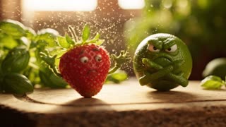 A whimsical fruit drama scene: a ripe red strawberry with tiny expressive eyes and delicate leafy arms stands on a rustic wooden cutting board in a sunlit kitchen garden, facing a stern green lime with a furrowed brow and crossed peel-arms; the strawberry gestures passionately while the lime turns away dramatically, then the strawberry drops down in theatrical despair as a gentle breeze rustles nearby basil leaves; cinematic macro photography style with shallow depth of field, handheld camera slowly pushing in from a wide shot of the cutting board to an intimate close-up of the strawberry's sorrowful face, then a subtle focus shift to the indifferent lime; warm golden hour sunlight streaming through a window with soft dust motes floating in the air, creating gentle shadows and a cozy, storybook atmosphere; soft ambient kitchen sounds, faint birdsong outside, and a tender melancholic piano melody underscore the emotional fruit drama.