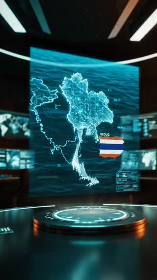 Create a breathtaking cinematic investigative documentary finale. A realistic 3D holographic map of South Korea and Thailand appears in a dark high-tech investigation room. A brilliant golden energy connection forms between the two countries, revealing subtle blue engineering data and futuristic power infrastructure. The camera rapidly pushes forward, then smoothly orbits the map. Dramatic teal-and-orange lighting, elegant motion graphics, premium cinematic realism, subtle film grain. Vertical 9:16, 3 seconds. No text or watermarks.