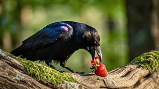 "A hyper-realistic crow sitting on the tree eating strawberry and flew away to urban area"