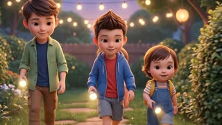 По загруженным фото создай добрый семейный 3D-мультфильм. Сохрани внешность детей: Айбар — старший брат, Айсултан — средний, Асия — младшая сестра. Не смешивай их лица. Одень детей в удобную одежду для прогулки.

Вечером трое детей идут по садовой дорожке с фонариками. Из кустов появляется большая тень. Айсултан встаёт рядом с Асией, а Айбар спокойно предлагает проверить, что там. Асия замечает хвост: за кустом испуганный котёнок, а тень отбрасывает простыня на ветру.

Дети вместе спасают котёнка: Асия ласково зовёт его, Айсултан укрывает курткой, Айбар зовёт взрослых. По дороге домой они слышат шорох, освещают дорожку и находят ёжика. Все смеются.

Мягкий свет, выразительная анимация, лёгкий юмор, безопасная и уютная атмосфера. Сохраняй внешность и роли героев. Без текста, логотипов и других детей.