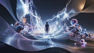 A surreal science-fiction scene set in a non-Euclidean probability world. The environment has no solid ground or sky, only shifting translucent layers of reality, like folded glass and drifting probability waves. Space feels unstable and softly glowing, with no hard edges.
A lone human silhouette appears, partially transparent, its body constantly blurring and reforming as if reality cannot decide its shape. When the figure thinks or moves with intent, its outline sharpens briefly, causing the surrounding space to tremble and crack with glowing fractures.
Abstract biological entities emerge from the environment — semi-visible, fluid organisms made of shimmering probability ripples. They multiply silently when the human hesitates, forming larger predator-like shapes that sharpen and grow more defined whenever the human commits to a direction or decision.
The camera drifts slowly around the figure in smooth, cinematic motion. As tension increases, the predators surge forward without touching the ground, warping space itself. When the human abandons certainty and lets its form dissolve into ambiguity, the predators destabilize, tearing themselves apart into drifting fragments of light.
Lighting is moody and cosmic, with soft blues, violets, and faint gold highlights. No dialogue. Subtle low-frequency sound design, distant resonant hums, and deep atmospheric tones. The final image shows the human silhouette fading into multiple overlapping versions of itself, suspended in an infinite, undefined future.