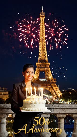 Create a beautiful video featuring fireworks, with me in a black suit in Paris, holding a cake with candles, set against the backdrop of the Eiffel Tower, and including the text "50th Anniversary"!!!