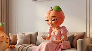 Create a 5-second vertical (9:16) cinematic animation.

Use the uploaded Peach character and EUROICE air conditioner as exact references.
Keep the Peach character identical to the reference image.
The air conditioner is OFF at the beginning of this scene.

The Peach is sitting on the sofa and smiles after seeing the exhausted Onion.

🍑 Peach says in Persian:
«وای، خدا رو شکر که کولر گازی یوروآیس رو دارم!»

She immediately picks up the remote control and presses the power button.

The EUROICE air conditioner turns ON.

A strong stream of cool air flows through the living room.
Curtains move gently, the leaves of the houseplants sway, and the hot atmosphere instantly becomes fresh and comfortable.

🍑 Peach happily says in Persian:
«الان دیگه همه‌جا خنک میشه!»

The Onion feels the cool breeze and smiles with relief.

Camera:
Cinematic close-up of Peach, then a smooth pan to the EUROICE air conditioner as it turns on, followed by the cool airflow filling the room.

Style:
Pixar-quality 3D animation, realistic fruit textures, cinematic lighting, smooth camera movement, premium commercial quality, 4K.

No subtitles, no captions, no text on screen.
Avoid changing the characters or the EUROICE air conditioner design. in a cinematic scene with professional lighting, shallow depth of field, and movie-quality visual effects