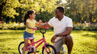 A bright sunny park, child standing next to a small bicycle looking nervous, instructor smiling and kneeling beside them, cinematic lighting, vibrant colors, shallow depth of field, high contrast, 16:9