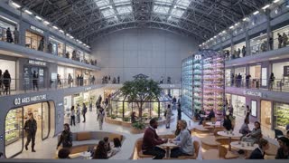 Live-action photorealistic wide interior shot of a massive multi-level atrium inside a futuristic space habitat, an immense vaulted ceiling with exposed structural trusses and industrial framework arching overhead, the far wall now fully enclosed with solid paneling and structural framework in place of the arched window — no view to the outside world, all illumination coming from engineered overhead and ambient lighting rather than any exterior light source. Multiple stacked levels of interior balconies and walkways line both sides of the space, lit storefronts and offices visible along the upper floors, one clearly marked "ARES HABITAT" with a level marker "02" beside it, and another labeled "03 AGRICULTURE" near a tall vertical farming structure with illuminated stacked plant racks growing rows of greenery. In the center of the ground floor, a large glass-domed greenhouse structure houses a full-grown tree surrounded by an open communal seating area with round tables and warm under-lighting, people seated and conversing. To the lower left, another sunken lounge area with tables, benches, and potted plants is filled with seated people. Scattered individuals in casual and utility-style clothing walk across the open central floor between the seating areas, some near a rounded doorway entrance on the lower left leading to a warmly lit interior room. The architecture combines exposed industrial metal framework with warm wood-toned seating areas and cool structural surfaces, soft ambient down-lighting throughout, camera holding a high wide static angle looking down across the entire atrium, shot on real film camera aesthetic with natural lens grain, documentary-style realism, no CGI or animated look, bustling yet orderly atmosphere emphasizing a fully self-contained.