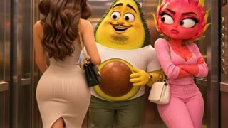 8-second vertical 9:16 cinematic 3D comedy. Strictly match the uploaded character reference: the same yellow-green anthropomorphic avocado husband, white T-shirt, dark green trousers, white trainers, a small fixed black moustache under his nose and a large brown avocado pit PERMANENTLY EMBEDDED in the front of his torso. The pit is part of his body, never a loose object. Beside him, the same pink-red dragon-fruit wife with yellow-green flame-shaped hair, long eyelashes, pink outfit and beige handbag. Same realistic golden-metal luxury elevator and warm lighting throughout.

0–2s: Wide shot from inside the elevator. ONLY the couple stands side by side, looking ahead. The doors are initially closed. They hear a soft elevator ding.

2–4s: The elevator doors slide open. A gorgeous ADULT HUMAN woman with long wavy brown hair, an elegant fitted beige dress and a black handbag appears outside the doorway.

4–6s: She steps towards the elevator with relaxed confidence. The husband notices her for a split second but does not move; his wife hasn't reacted yet.

6–8s: Smooth camera push-in to a flattering close-up of the human woman's face as she gives a small, natural smile. End with her about to enter.

Polished family-movie 3D, natural restrained acting, no dialogue or text. Absolutely no morphing, changing faces, disappearing moustache, detached or missing pit, added characters or location changes. The woman stays HUMAN, never turns into a fruit.