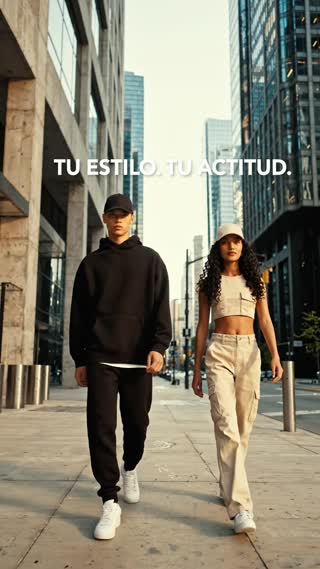 Video publicitario urbano, texto a video, duración máxima 8 segundos, estilo cinematográfico realista. Escena en una calle moderna de ciudad con edificios altos, concreto y cristal, ambiente streetwear premium.

Aparecen dos modelos jóvenes caminando hacia la cámara. El hombre viste outfit negro completo, tenis blancos y gorra negra lisa de 6 paneles con visera curva. La mujer viste outfit beige tipo cargo, tenis blancos y gorra beige lisa de 6 paneles con visera curva.

Ambos modelan principalmente las gorras mientras caminan. El hombre toca suavemente la visera y la mujer acomoda su gorra y gira ligeramente el rostro para mostrarla de perfil. Incluir breves primeros planos de las gorras para resaltar forma, textura y costuras.

Importante: la gorra negra del modelo hombre debe permanecer puesta durante todo el video, en todas las escenas y todos los cambios de plano. Nunca debe desaparecer, quitarse ni cambiarse. En la última escena, el modelo hombre debe seguir usando claramente la gorra negra.

Movimientos totalmente naturales, fluidos y humanos, sin rigidez, deformaciones ni movimientos robóticos. Cámara suave tipo comercial de moda.

Texto en pantalla: “TU ESTILO. TU ACTITUD.” y al final “ENCUENTRA TU COLOR”. Ortografía extremadamente estricta: sin errores, letras deformadas ni palabras inventadas.