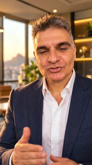 Use exatamente o mesmo homem e a mesma identidade visual da imagem de referência e da cena anterior.

Vídeo vertical 9:16, 8 segundos, fotorrealista e cinematográfico.

Preserve integralmente rosto, cabelo, idade, corpo, roupa e cenário. Não alterar a identidade do personagem.

Agora o enquadramento é levemente mais aberto, aproximadamente da cintura para cima. O homem conversa diretamente com a câmera e utiliza gestos discretos e naturais com as mãos, transmitindo experiência, confiança e proximidade.

Ele fala em português brasileiro:

“Seguros, consórcios e soluções de investimentos precisam fazer parte de um bom planejamento.”

Fala tranquila e segura, sem pressa. Sincronização labial perfeita. Movimento corporal natural e sofisticado.