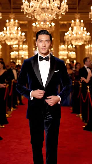 Joven con terno elegante caminando hacia la cámara. Ajusta el saco, gira mostrando el traje completo y sonríe. Ambiente de evento social con luces cálidas. Cámara en movimiento suave. Formato vertical 9:16.