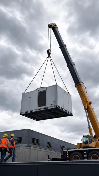 bring it down slowly, with construction workers on the roof guiding it into place,  text on the air conditioning unit "Flex Distribution"