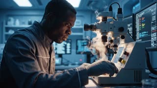 Live-action photorealistic close-up shot inside a Mars research lab, a scientist in a fitted casual utility uniform intently examining a sample under equipment on a clean modern workstation, soft focused task lighting illuminating their hands and the equipment while the rest of the room falls into a slightly dimmer ambient glow, shelves and monitors with data readouts visible in the softly blurred background, the room fully enclosed with smooth modern paneling and no windows, all illumination coming from engineered ceiling and task lighting, subtle steam or vapor rising from a sample container adding a sense of active work, shallow depth of field keeping focus tightly on the scientist's hands and face, shot on real film camera aesthetic with natural lens grain, warm and cool lighting contrast between the task light and ambient room tone, documentary-style realism, no CGI or animated look, quiet focused and intelligent mood emphasizing careful precise work